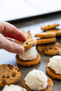 cheesecake stuffed in between two chocolate chip cookies