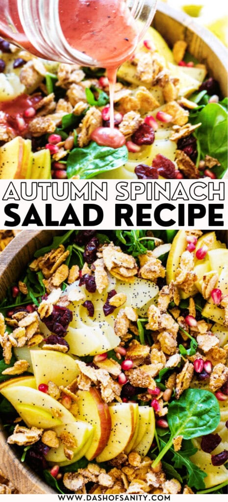 collage image of spinach salad with vinaigrette