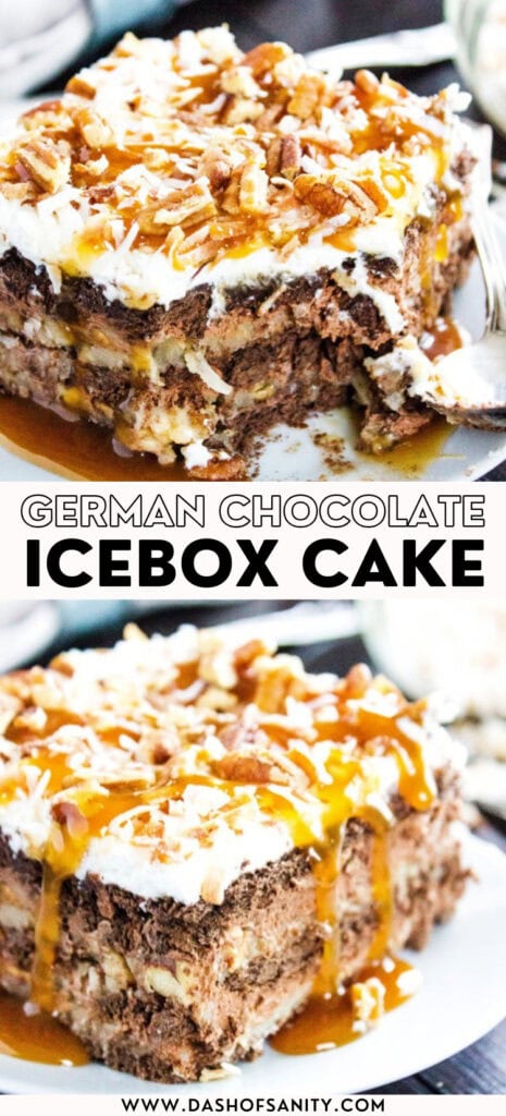 collage image of slices of german chocolate icebox cake with recipe title