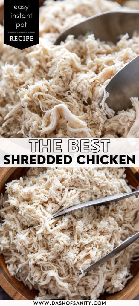 collage image of shredded chicken with recipe title