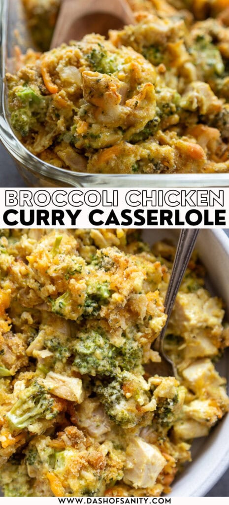 collage image of broccoli chicken casserole with recipe title