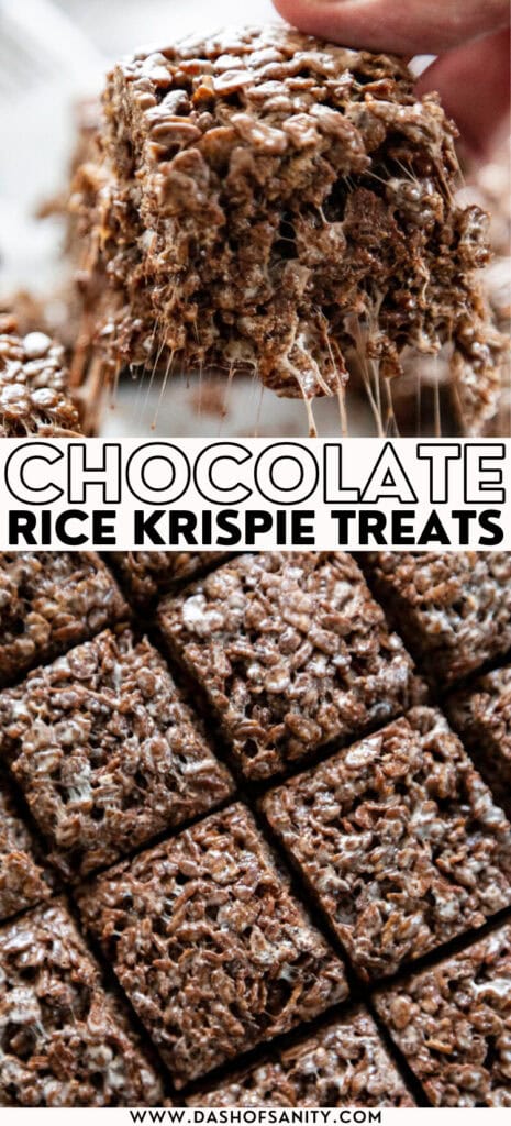 collage image with recipe title of chocolate rice krispie treats
