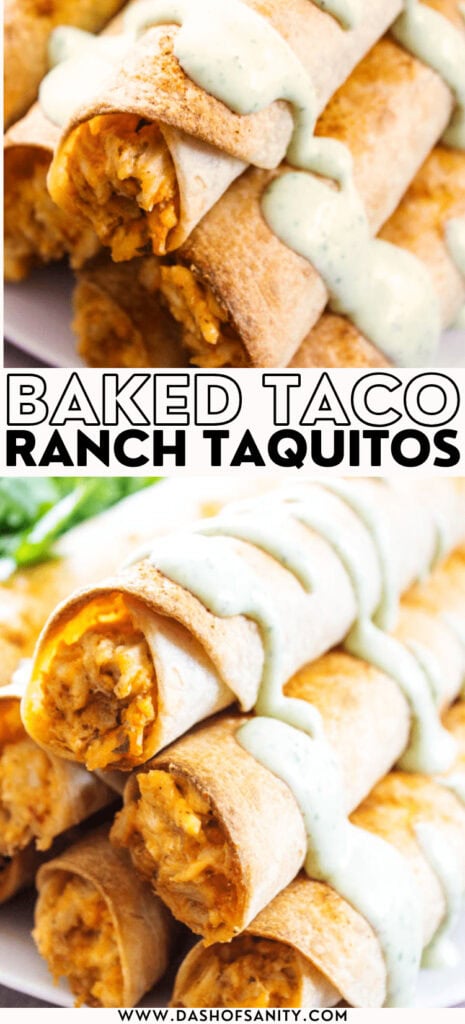 collage image of chicken taquitos with ranch on them