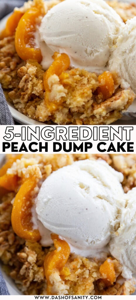 collage image of peach dump cake with recipe title