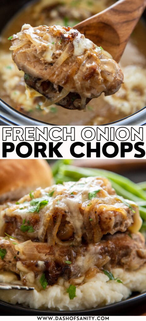 collage image with recipe title of french onion pork chops in slow cooker and on plate