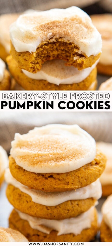 pumpkin cookies frosted and stacked with recipe title