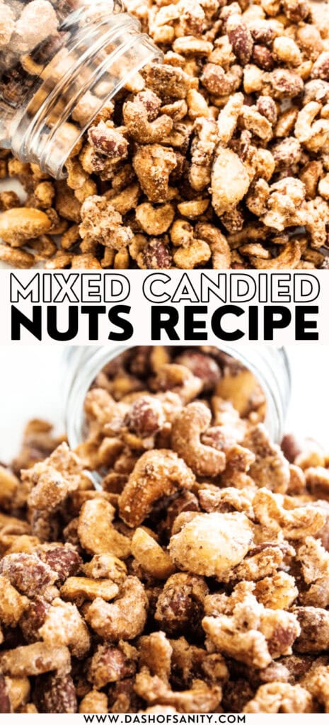 collage image of candied nuts with recipe title