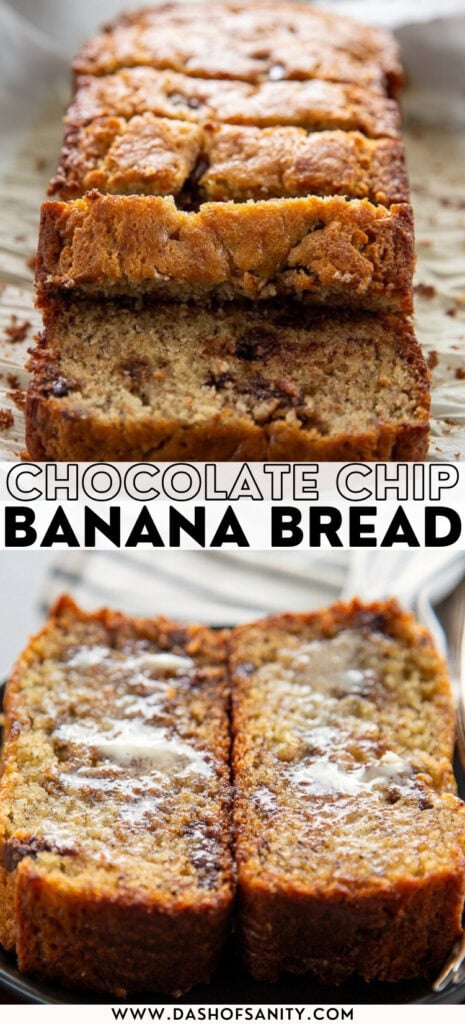 collage image of chocolate chip banana bread