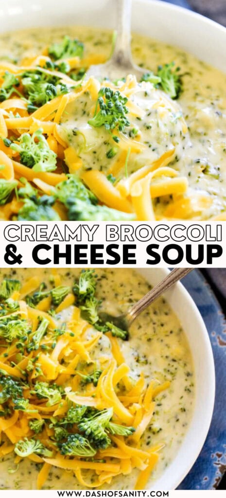 collage image with recipe title broccoli & cheese soup