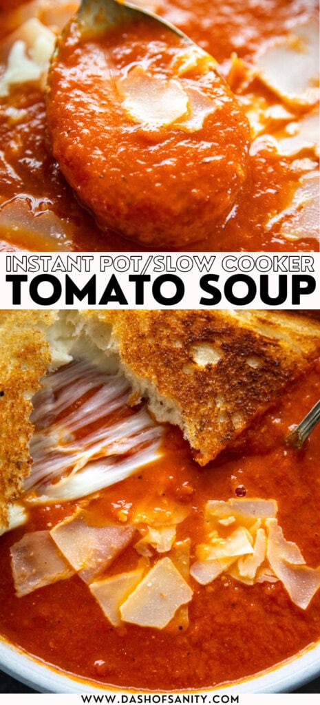 collage image of tomato soup with recipe title