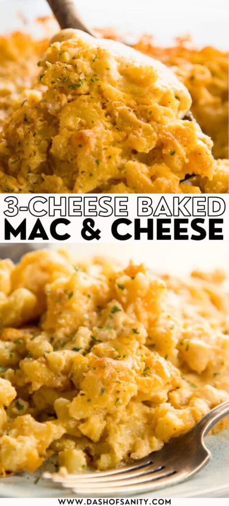 collage image of baked mac and cheese with recipe title