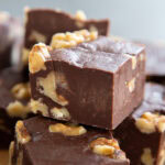 close up shot fudge with walnuts