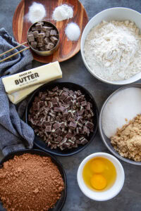overhead shot of ingredients for chocolate andes mint cookies