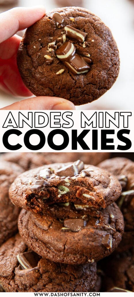 collage image of chocolate mint cookies made with Andes Mints