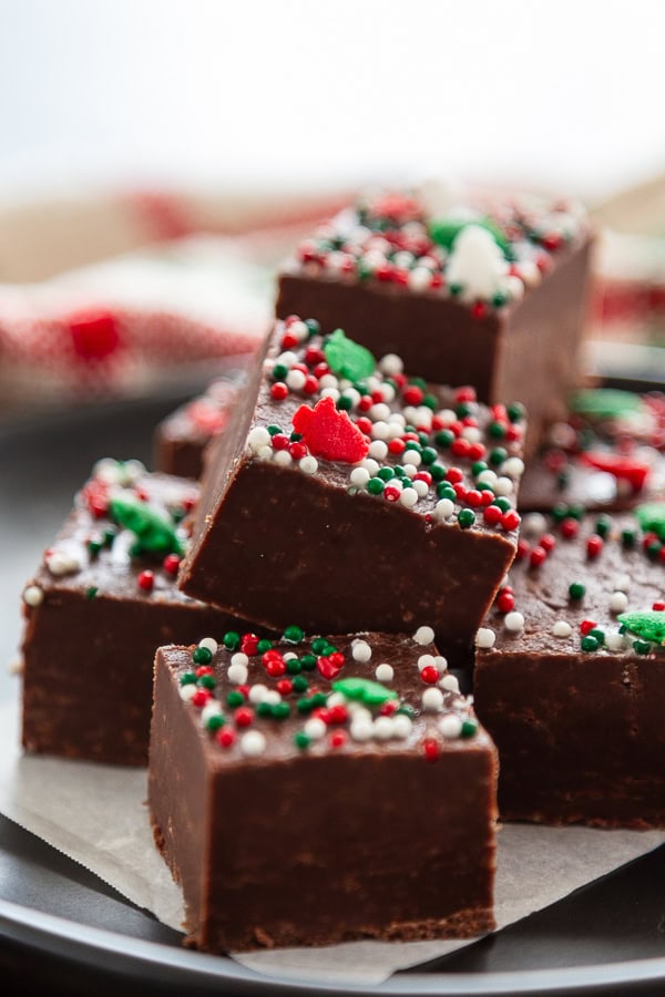 stack of chocolate fudge with sprinkles
