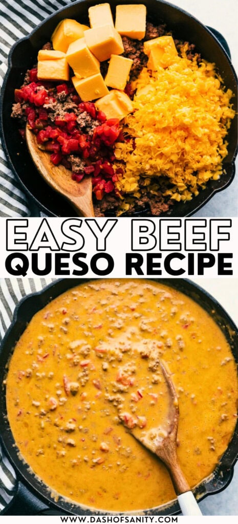 collage image of the best beef queso recipe with recipe title