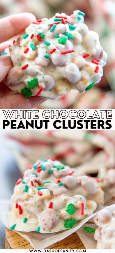 collage of white chocolate peanut clusters with recipe title