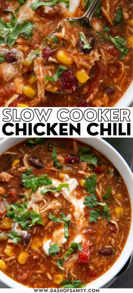 collage image of bowl of chicken chili with recipe title