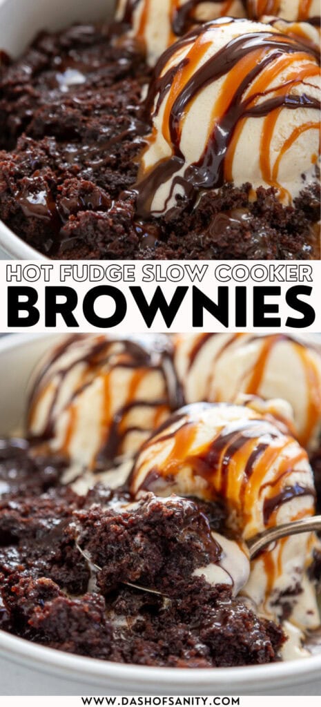 collage image of hot fudge slow cooker brownies with recipe title