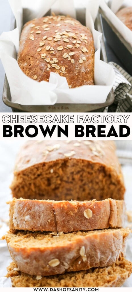 collage image with recipe title of copycat cheesecake factory brown bread