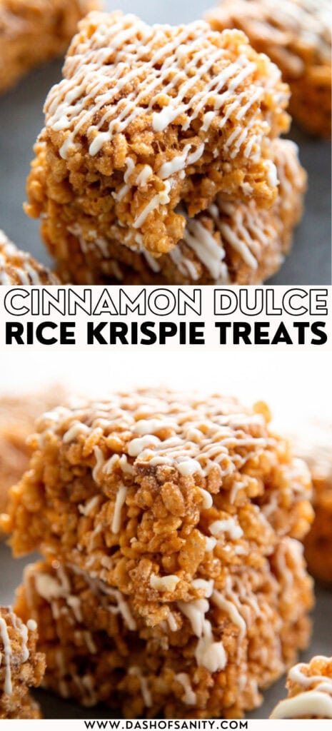collage image of cinnamon dulce rice krispie treats with recipe title