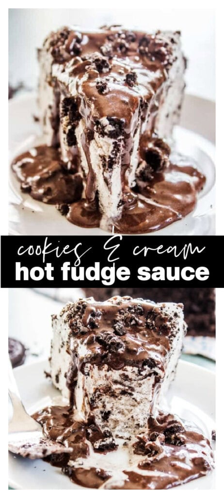 collage image of ice cream cake drench in hot fudge
