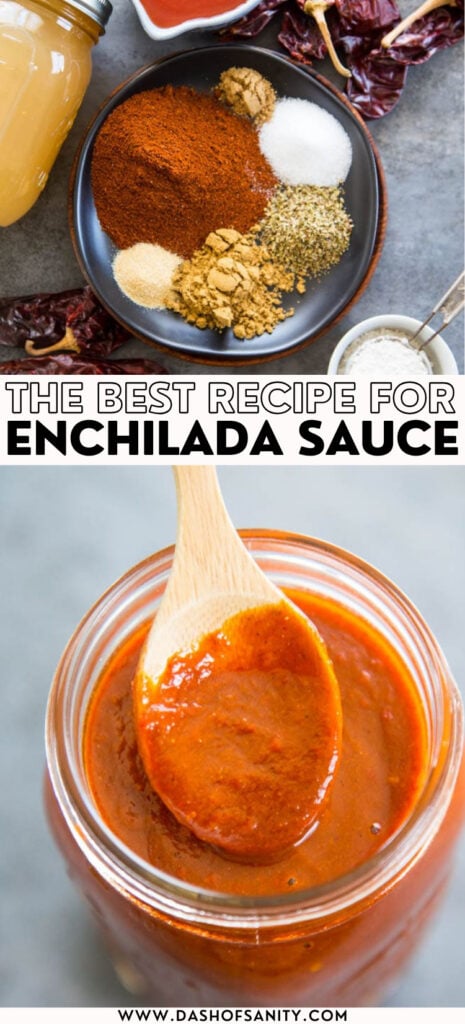 collage image of enchilada sauce with recipe title