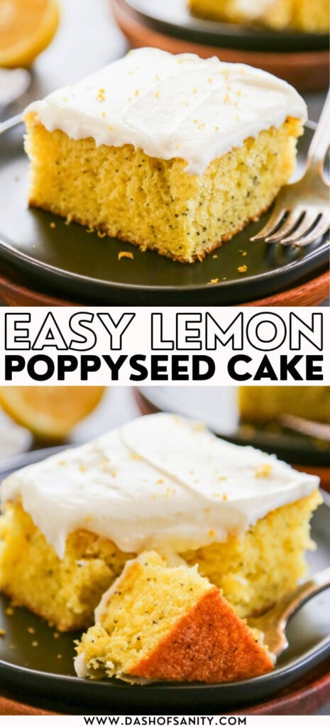 collage image of lemon poppyseed cake frosted with cream cheese frosting with recipe title 