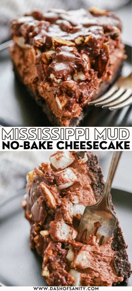 Mississippi mud no bake cheesecake recipe collage with recipe title