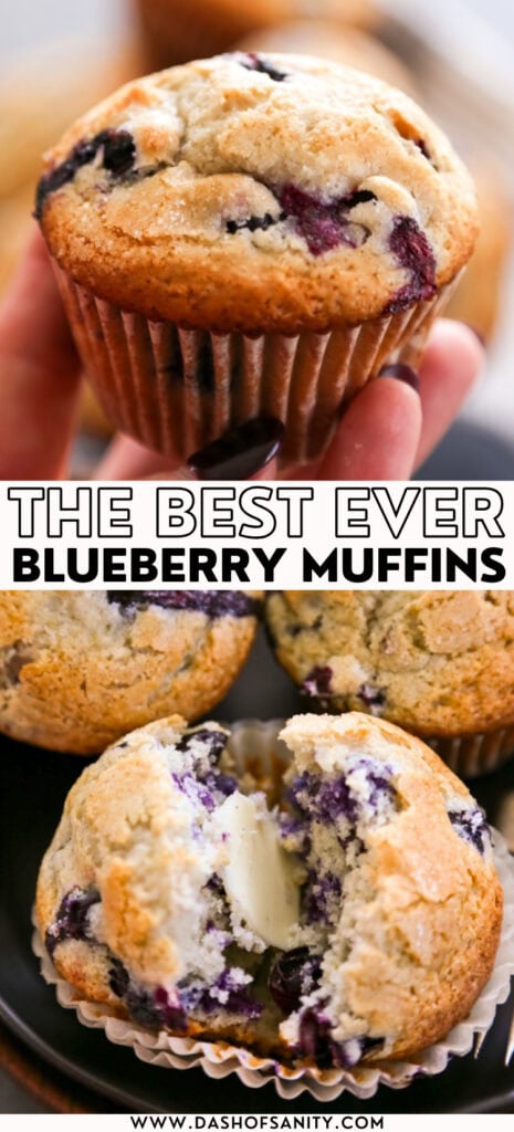 best blueberry muffins collage image with recipe title