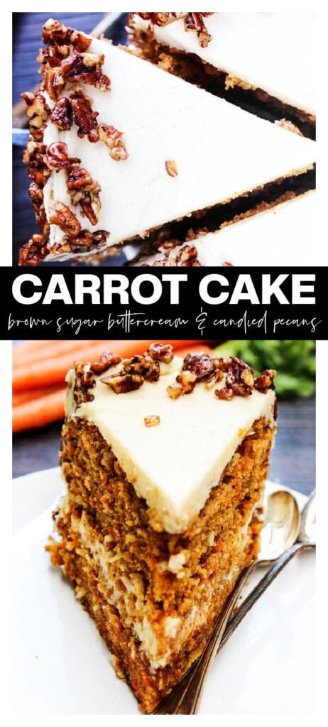 collage image of carrot cake with pecans and recipe title