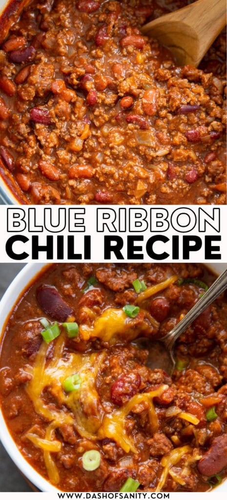 collage image with recipe title of the best chili recipe