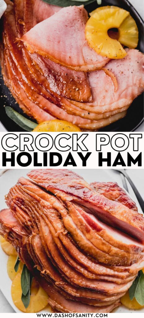 collage image of ham with pineapple slices on black plate with recipe title