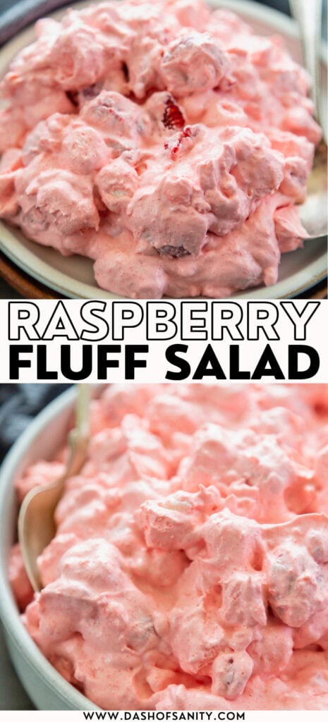 collage image of raspberry fluff salad with recipe title