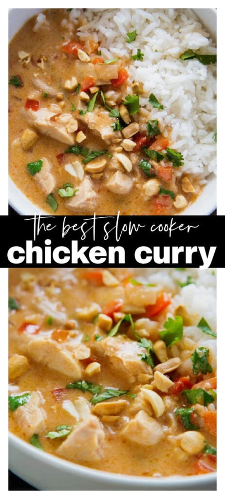 chicken curry in white bowl with peanuts and cilantro garnish