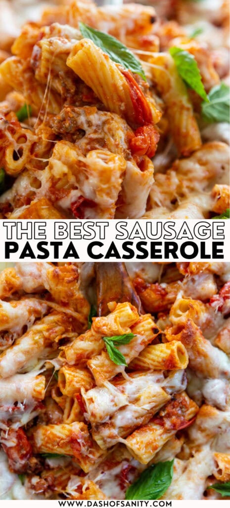 collage image of pasta sausage casserole with recipe title