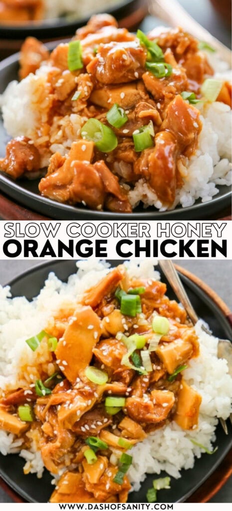 collage image of orange chicken in the slow cooker with recipe title