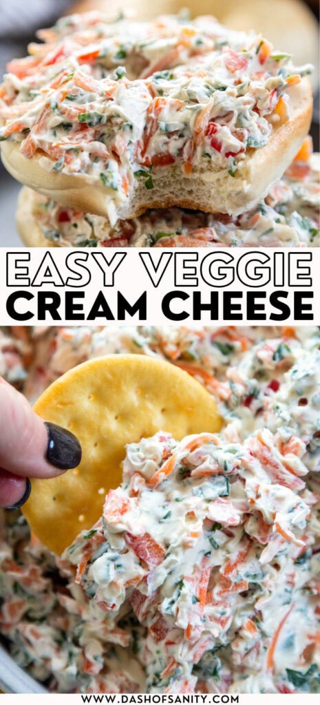 collage image of veggie cream cheese on bagel and with cracker