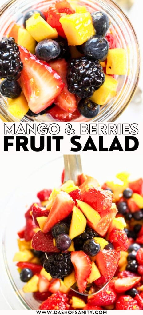 collage image of fruit salad with mango and berries with recipe title