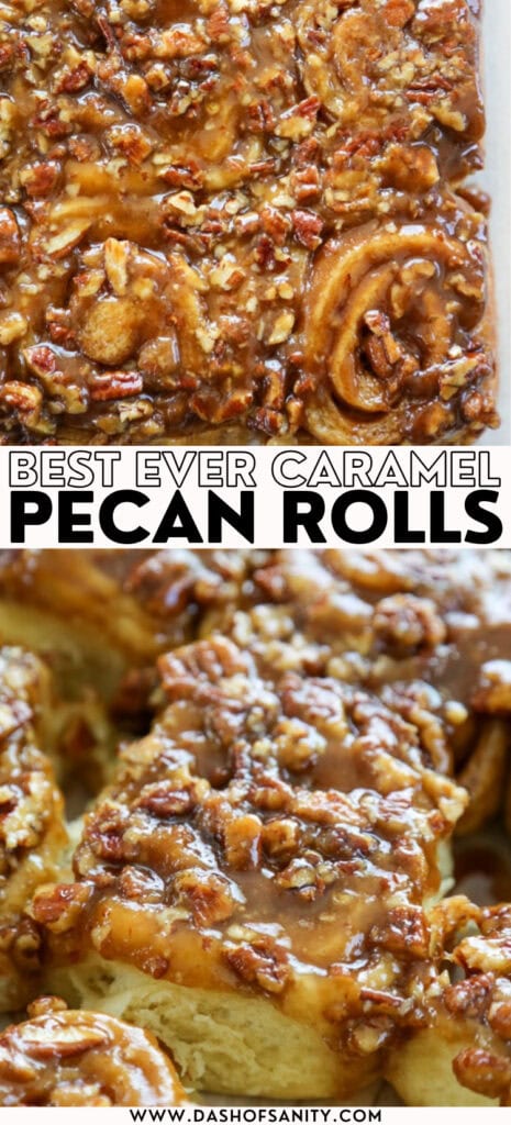 collage image of caramel pecan rolls with recipe title
