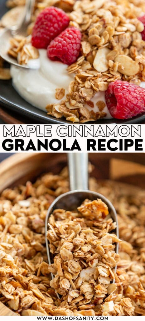 collage image of maple cinnamon granola with recipe title