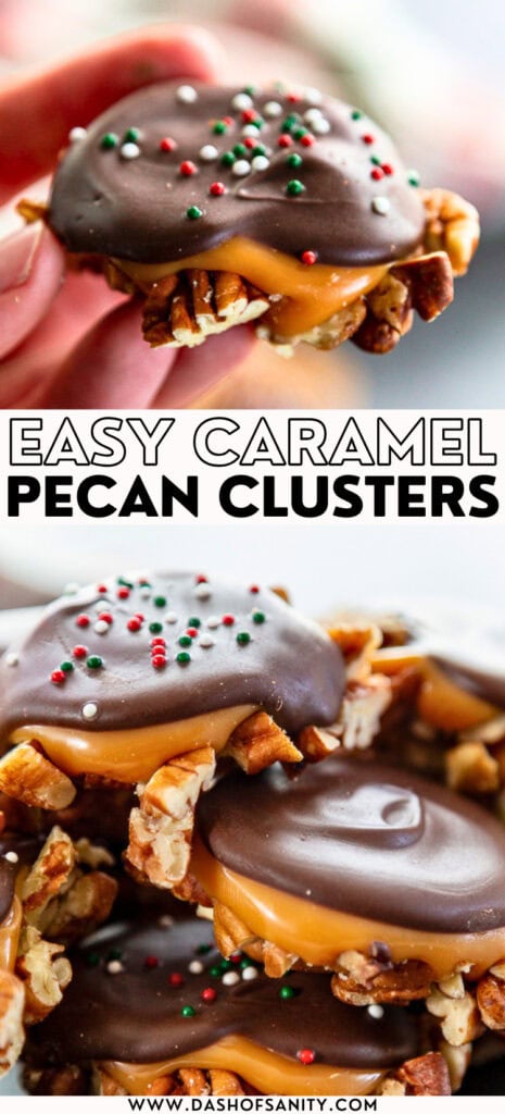 collage image of caramel pecan clusters with recipe title