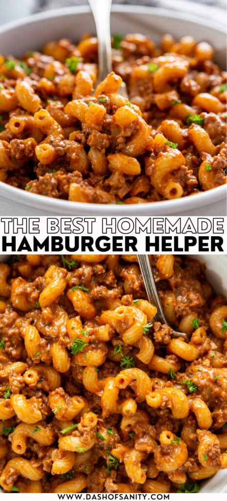 collage image of homemade hamburger helper with recipe title on it