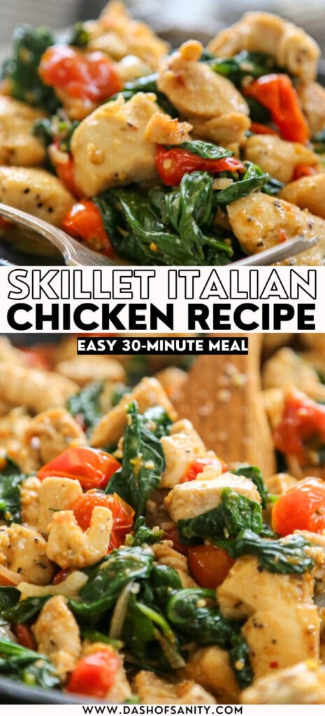 collage image of skillet chicken recipe with recipe title