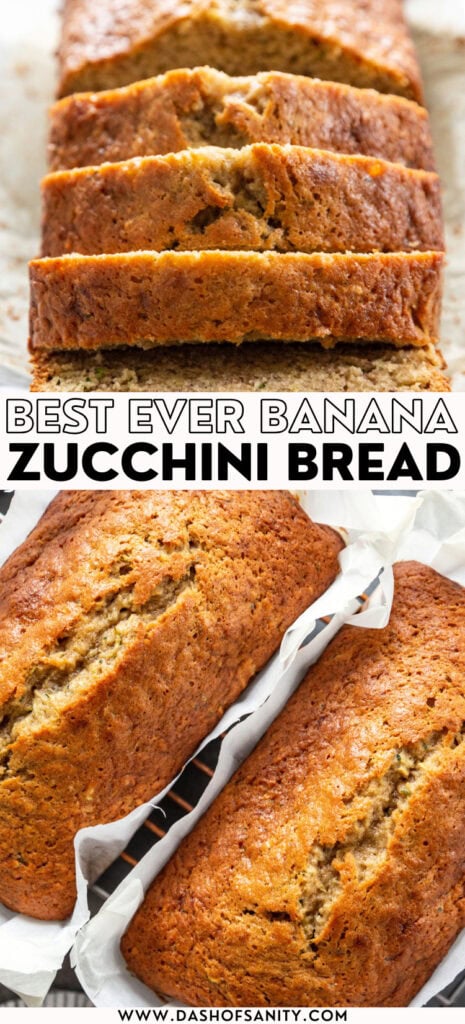 collage image of banana zucchini bread with recipe title
