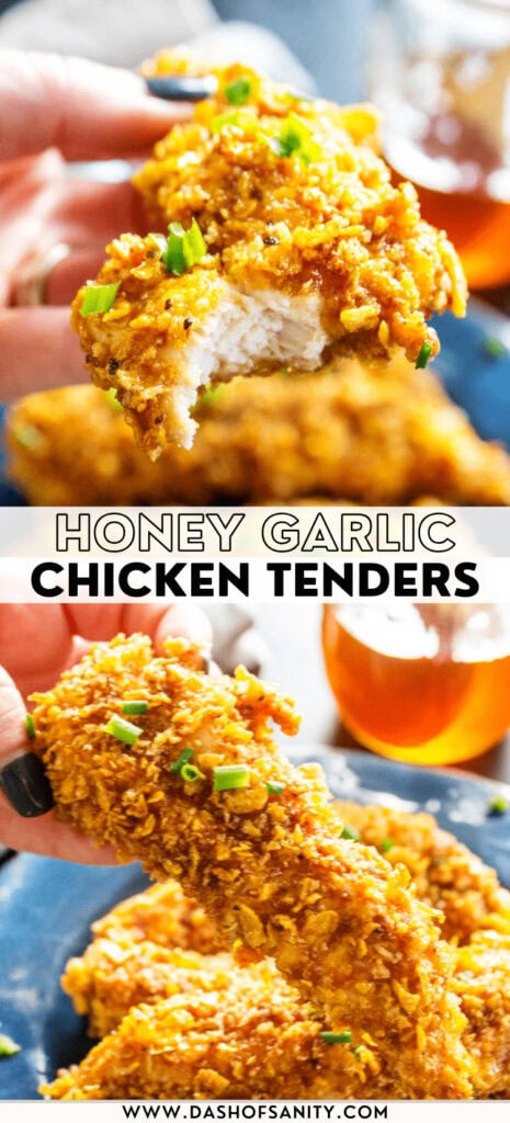 collage image of baked honey garlic chicken tenders with recipe title