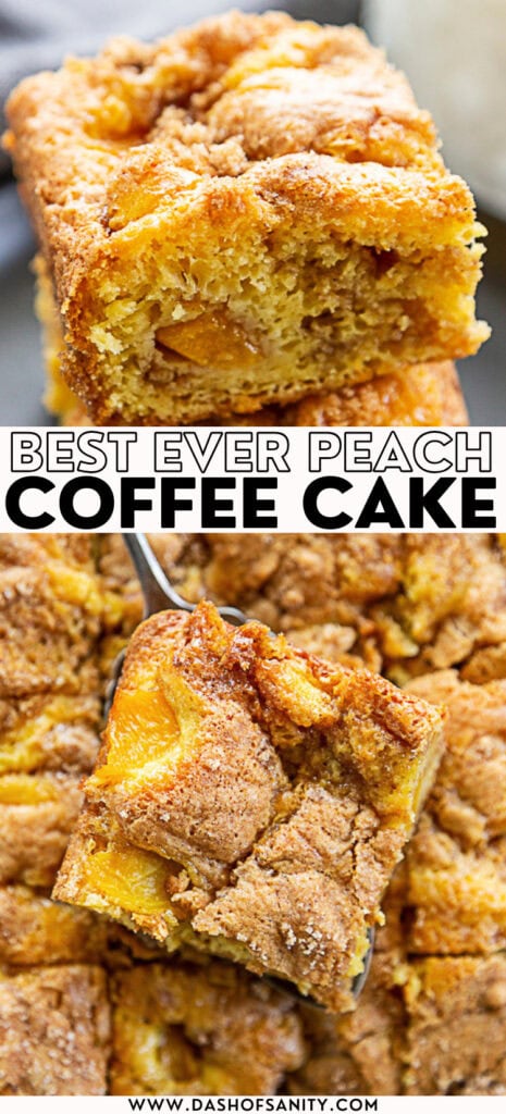 collage image of peach coffee cake with recipe title