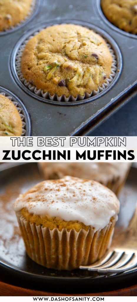 collage image of pumpkin zucchini muffins with recipe title