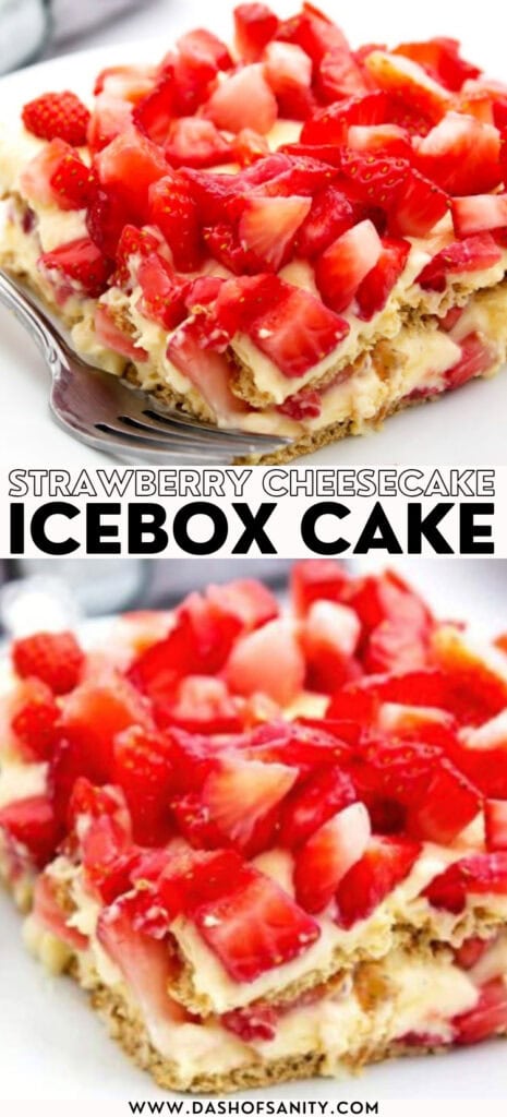 collage image of strawberry cheesecake icebox cake with recipe title