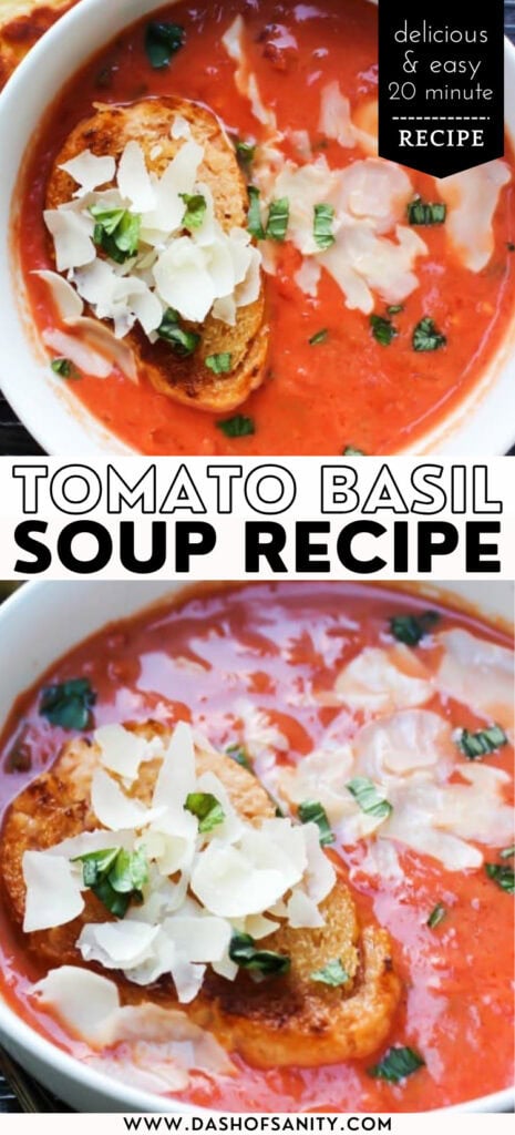 collage image with recipe title tomato basil soup 20 minute recipe